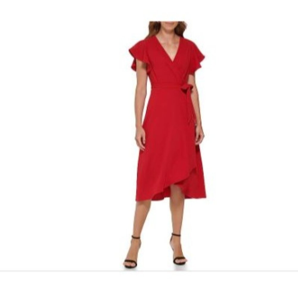 DKNY Women's Flutter Sleeve V-Neck Wrap (Scarlet) Dress Size 12 V-Day Gift!!‎